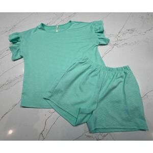 Lilypad Womens Mint Green Textured Geometric Ruffle Sleeve Top and Shorts Set S